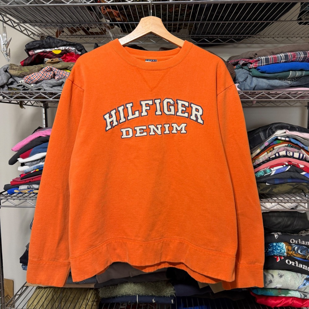 VTG Tommy Hilfiger Sweatshirt Mens Large Orange Hilfiger Denim Spellout Crewneck